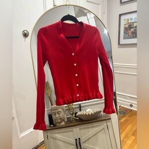 COMMENSE Red Ribbed Cardigan with Pearl Buttons